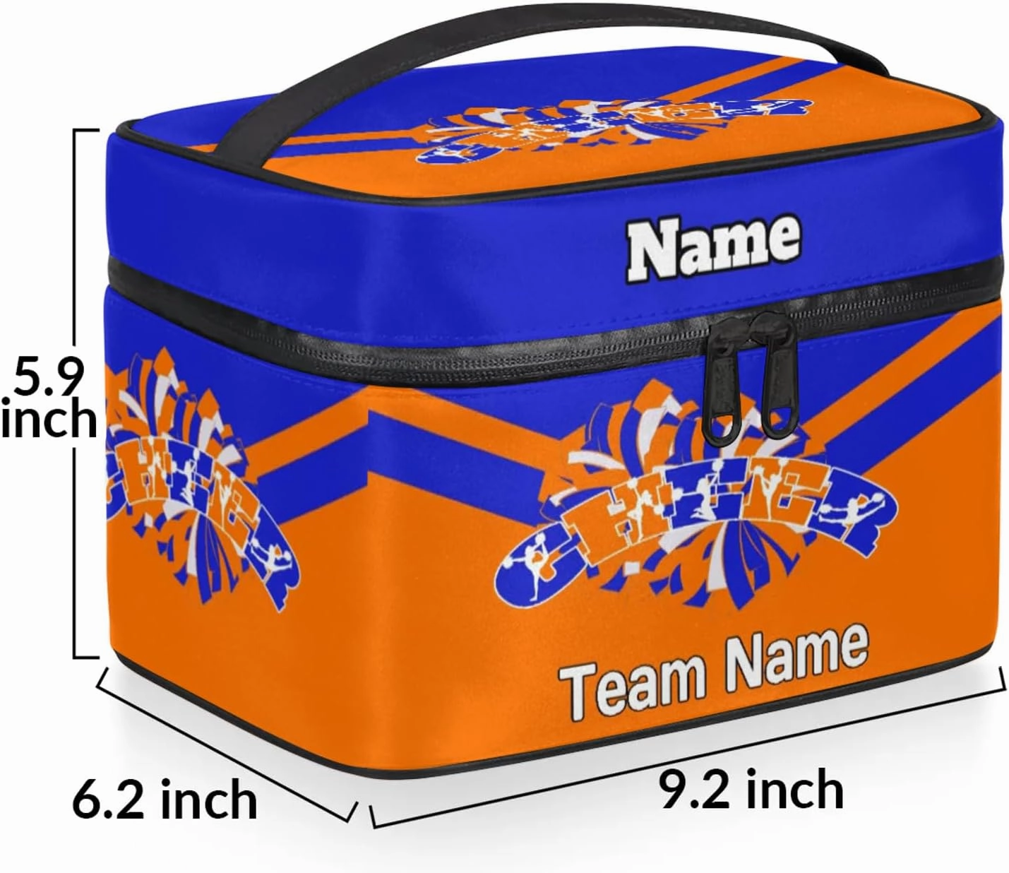 Cheer Custom Name Makeup Bag Personalized Large Cosmetic Case Portable Travel Make Up Organizer for Women Girls With Handle, Blue Orange