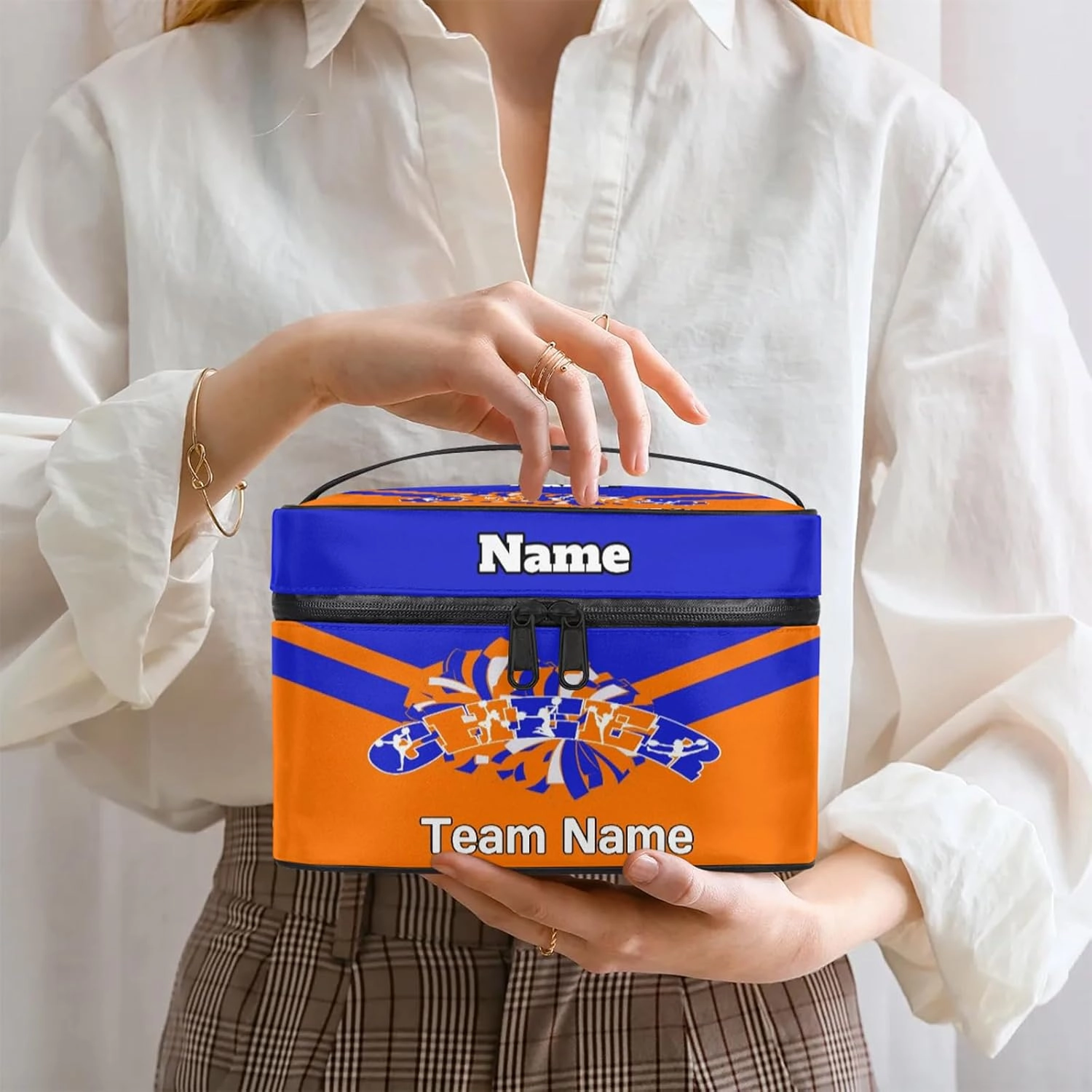 Cheer Custom Name Makeup Bag Personalized Large Cosmetic Case Portable Travel Make Up Organizer for Women Girls With Handle, Blue Orange