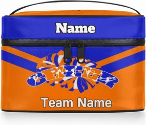 Cheer Custom Name Makeup Bag Personalized Large Cosmetic Case Portable Travel Make Up Organizer for Women Girls With Handle, Blue Orange