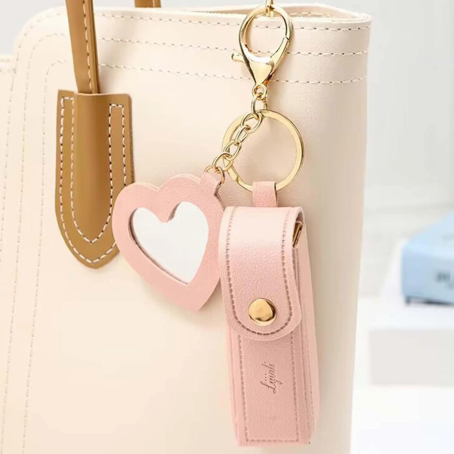 Cherishty Lip Oil Keychain, Lipstick Holderkeychain with Mirror, PU Leather Potable Lips Gloss Holder for Travel Storage (Orange)