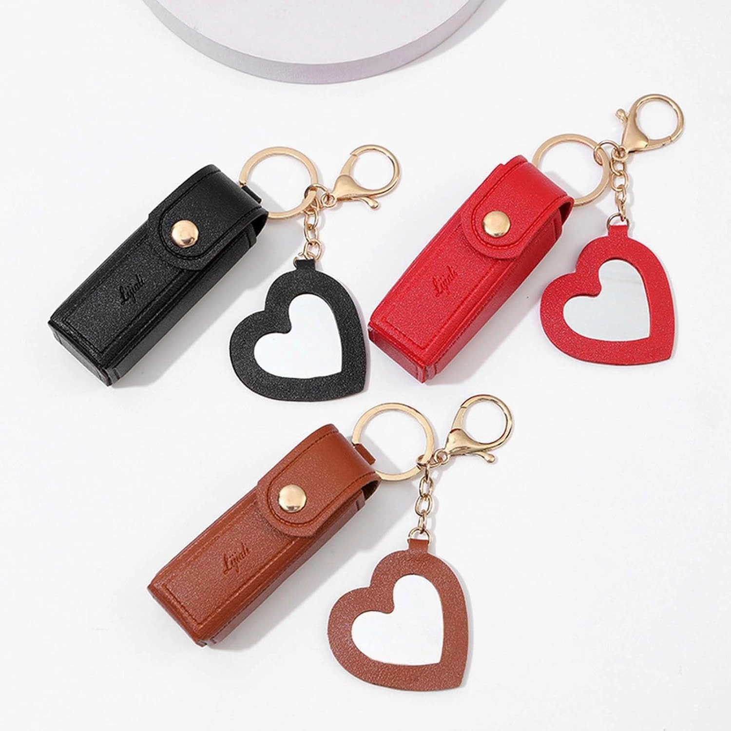 Cherishty Lip Oil Keychain, Lipstick Holderkeychain with Mirror, PU Leather Potable Lips Gloss Holder for Travel Storage (Orange)