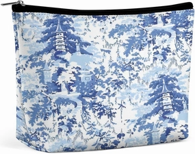 Chinese Style Powder Chinoiserie Blue And White Portable Cosmetic Bag Multifunction Storage Pouch PU Makeup Bag, Stationery Organizer with Zipper for Reunion Office