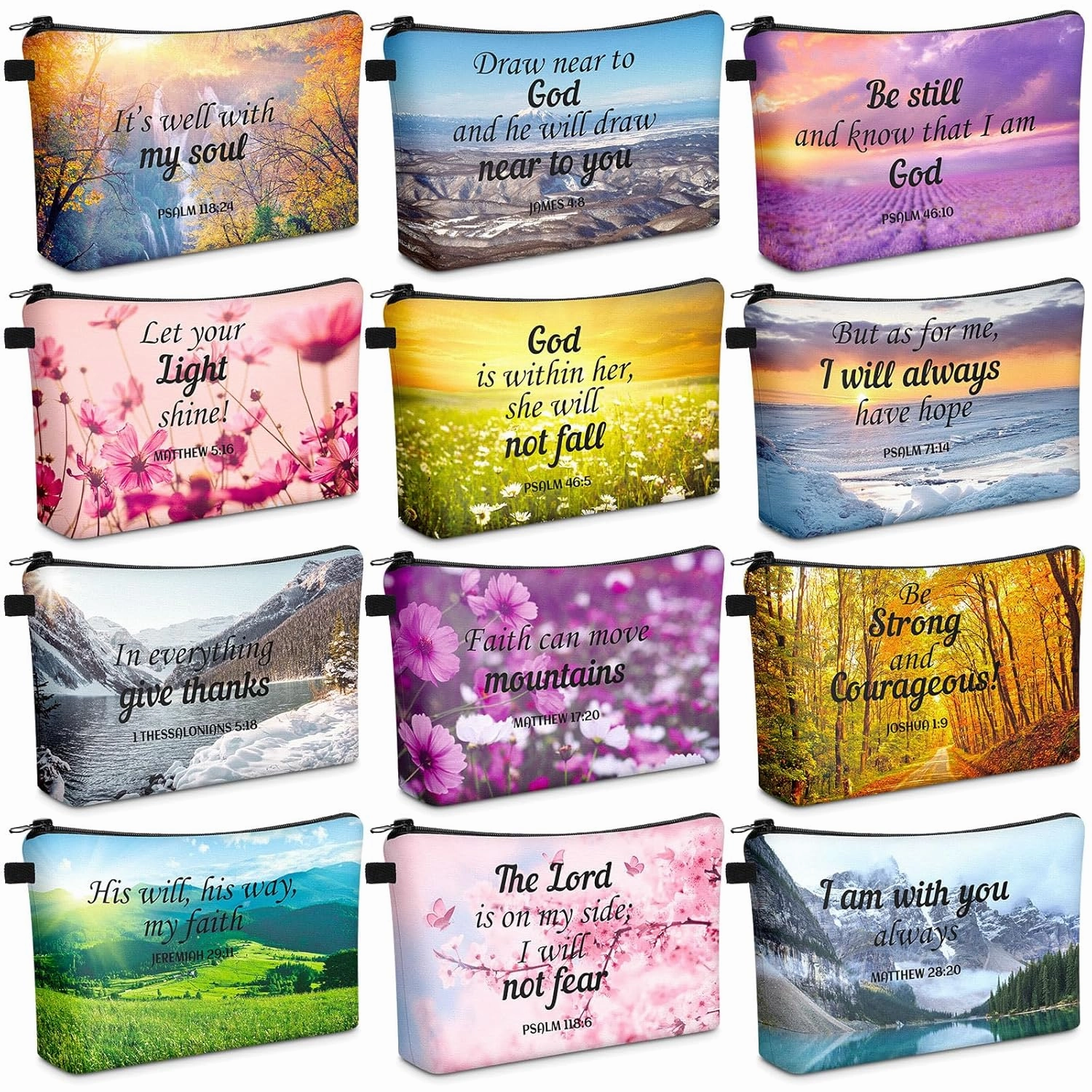 Chunful 12 Pcs Inspirational Christian Gifts Religious Makeup Bags Bulk for Women Bible Verse Flower Cosmetic Bag Mother's Day Gift for Church Ladies Student Office, 7.48 x 4.72 Inch(Landscape)