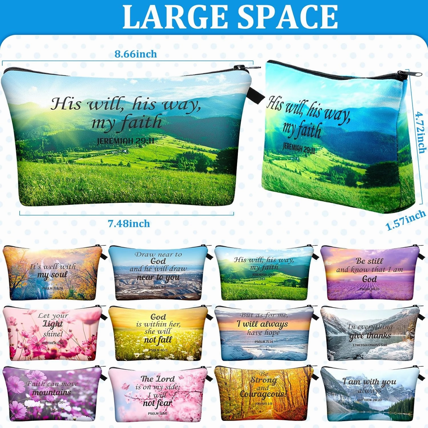 Chunful 12 Pcs Inspirational Christian Gifts Religious Makeup Bags Bulk for Women Bible Verse Flower Cosmetic Bag Mother's Day Gift for Church Ladies Student Office, 7.48 x 4.72 Inch(Landscape)