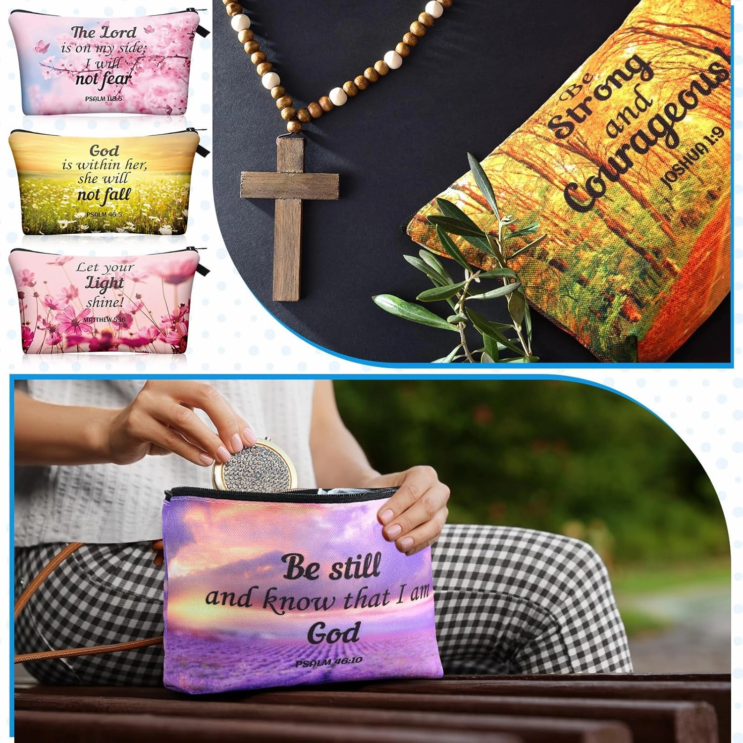 Chunful 12 Pcs Inspirational Christian Gifts Religious Makeup Bags Bulk for Women Bible Verse Flower Cosmetic Bag Mother's Day Gift for Church Ladies Student Office, 7.48 x 4.72 Inch(Landscape)