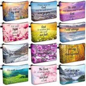 Chunful 12 Pcs Inspirational Christian Gifts Religious Makeup Bags Bulk for Women Bible Verse Flower Cosmetic Bag Mother's Day Gift for Church Ladies Student Office, 7.48 x 4.72 Inch(Landscape)