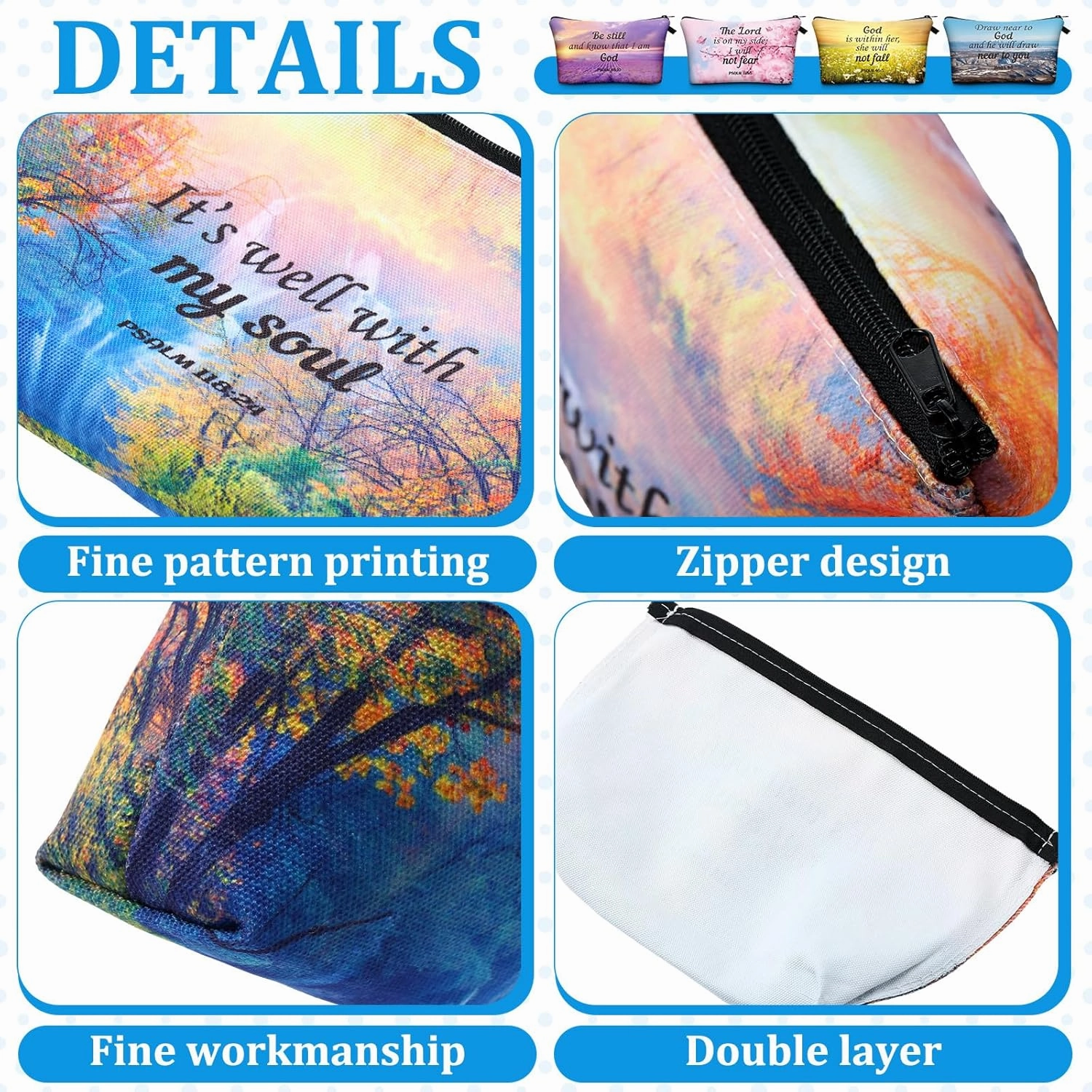 Chunful 12 Pcs Inspirational Christian Gifts Religious Makeup Bags Bulk for Women Bible Verse Flower Cosmetic Bag Mother's Day Gift for Church Ladies Student Office, 7.48 x 4.72 Inch(Landscape)
