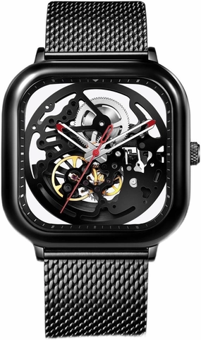CIGA Design Automatic Mechanical Watch C Series Skeleton Analog Wrist Watch with Milanese and Leather Strap Sapphire Crystal Mirror Gifts for Men and Women
