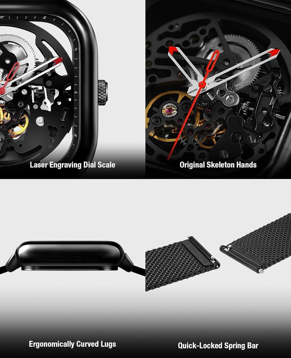 CIGA Design Automatic Mechanical Watch C Series Skeleton Analog Wrist Watch with Milanese and Leather Strap Sapphire Crystal Mirror Gifts for Men and Women