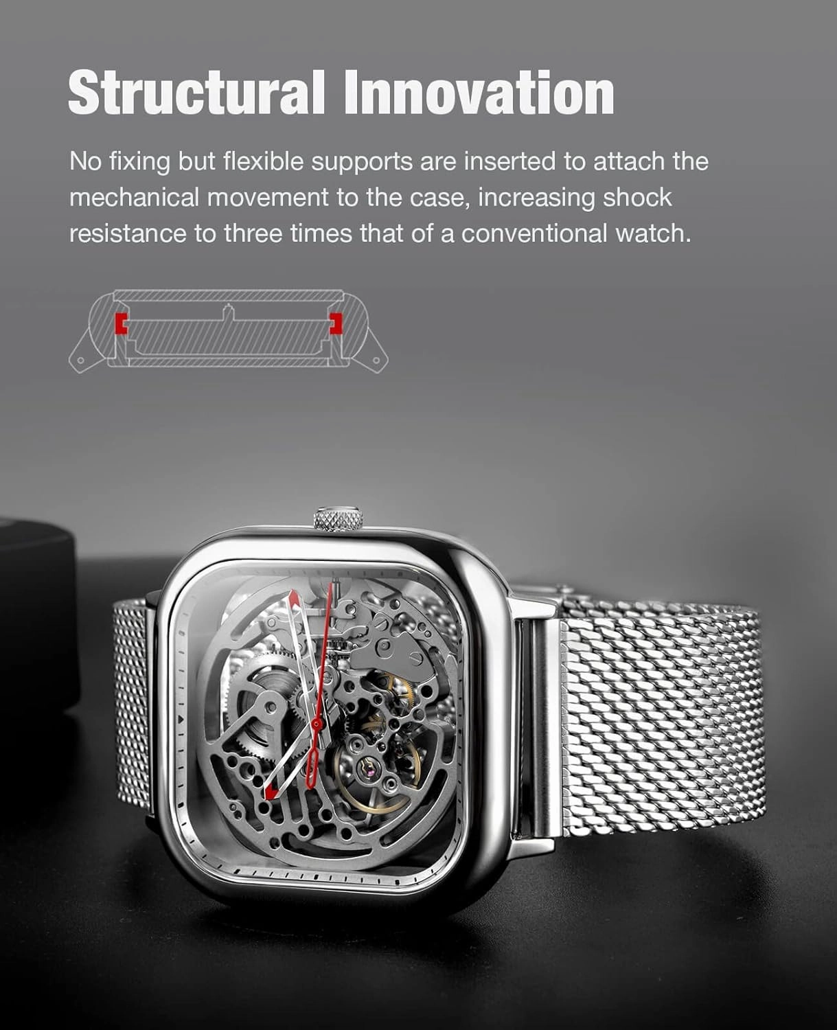CIGA Design Automatic Mechanical Watch C Series Skeleton Analog Wrist Watch with Milanese and Leather Strap Sapphire Crystal Mirror Gifts for Men and Women