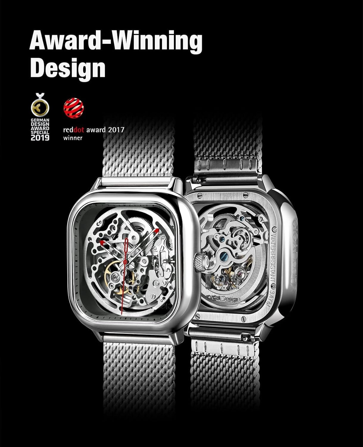 CIGA Design Automatic Mechanical Watch C Series Skeleton Analog Wrist Watch with Milanese and Leather Strap Sapphire Crystal Mirror Gifts for Men and Women