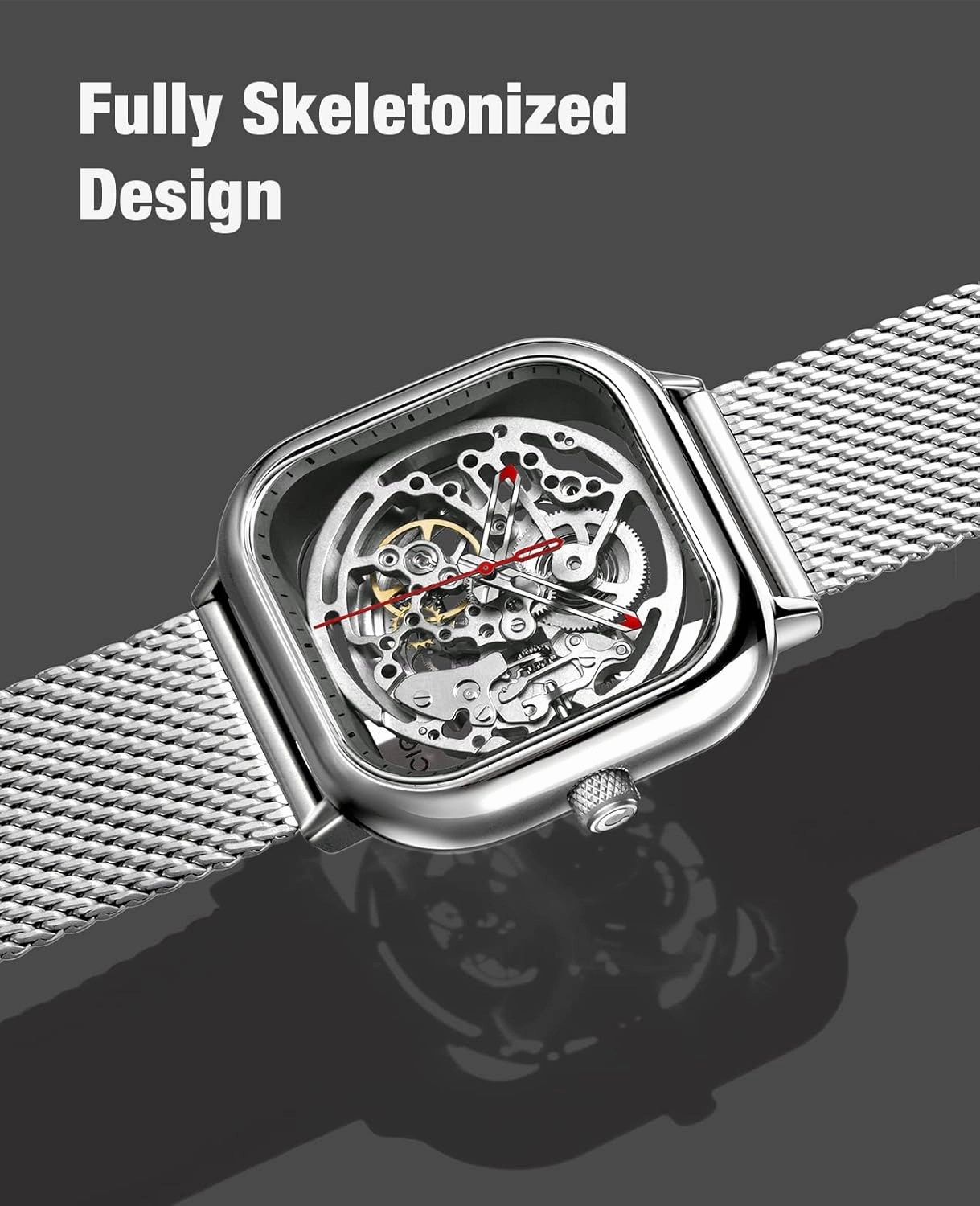 CIGA Design Automatic Mechanical Watch C Series Skeleton Analog Wrist Watch with Milanese and Leather Strap Sapphire Crystal Mirror Gifts for Men and Women