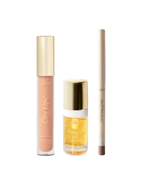 City Beauty City Lips Perfect Pout Bundle - Plumping Lip Gloss in Nude, Defining Liner in Willow, Plumping Lip Oil in Pink Champagne