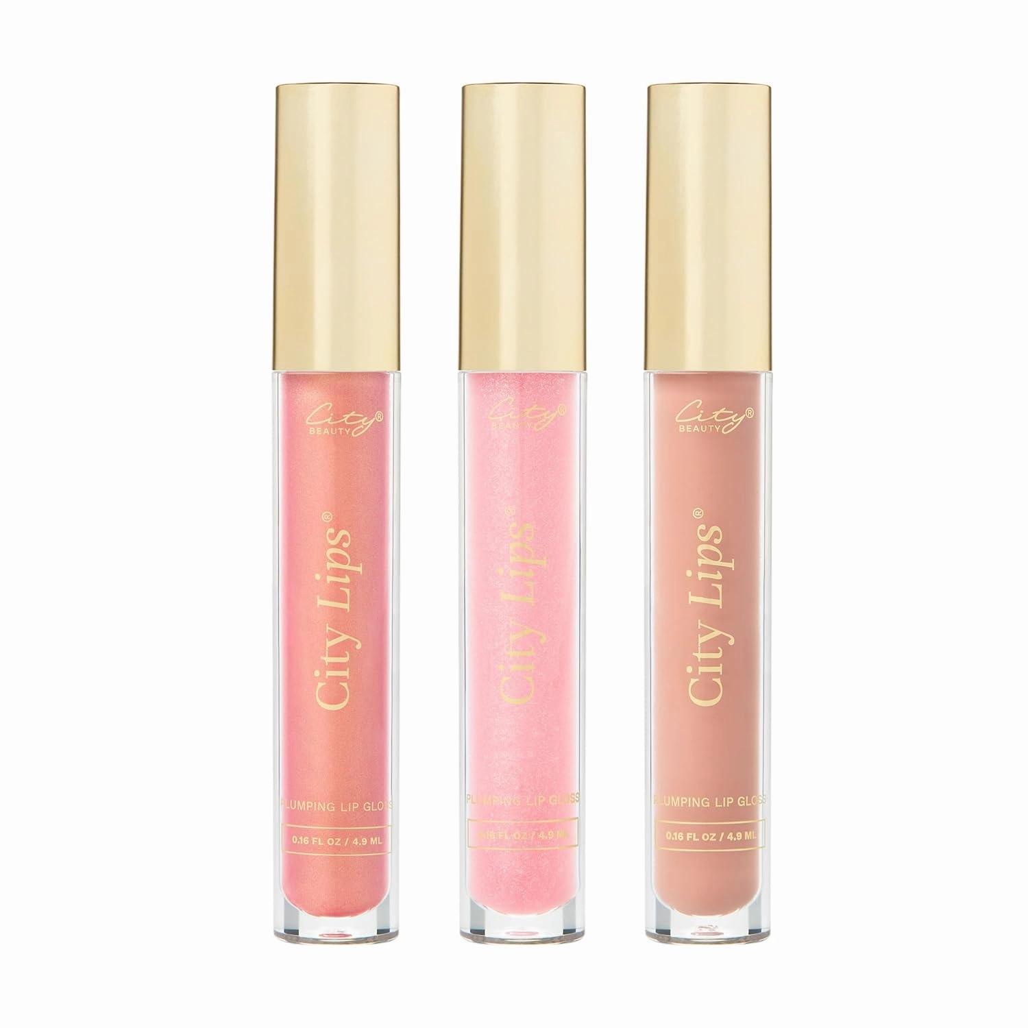 City Beauty City Lips Bestsellers - Sun Diego 0.16 oz, Tinsel Town 0.16 oz, Pink Nude 0.16 oz - Tinted Plumping Gloss with Hyaluronic Acid & Peptides for Hydrated Lips