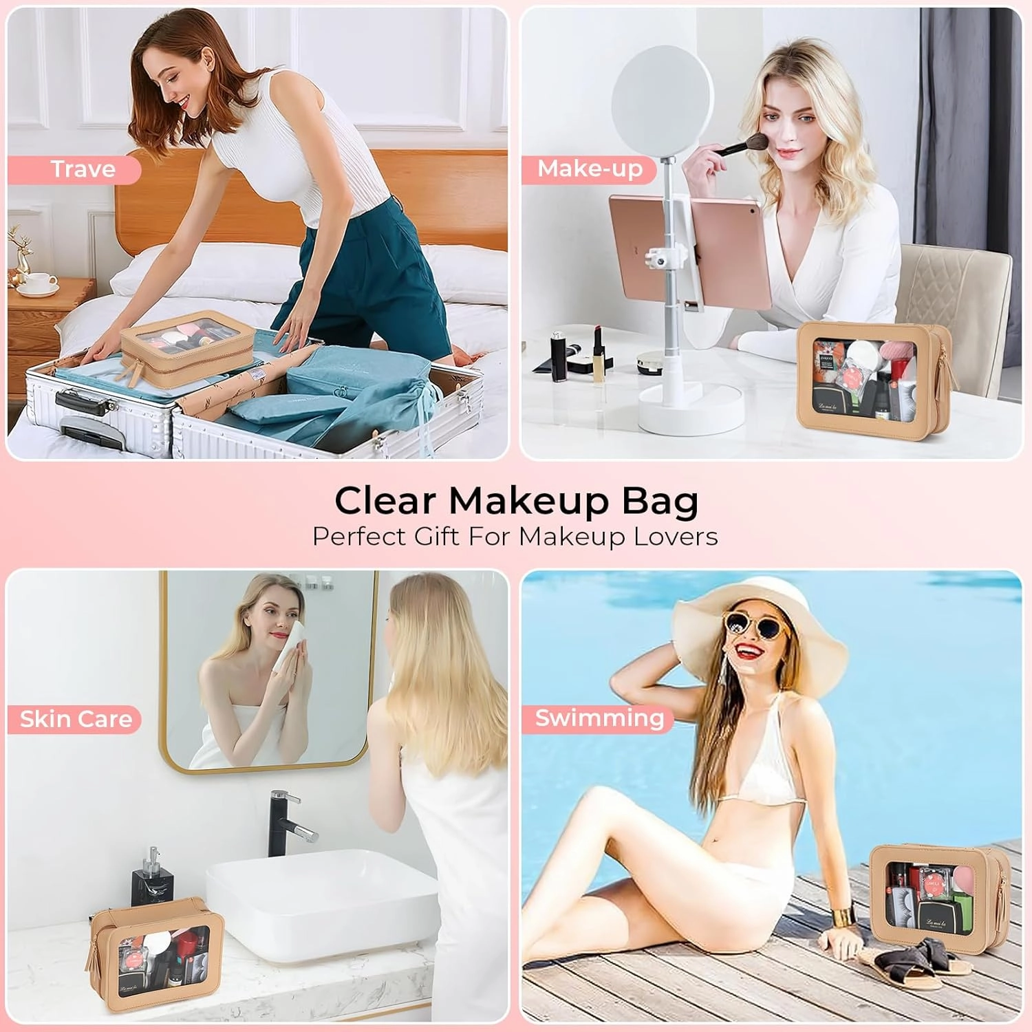 Clear Makeup Bags, TSA Approved Travel Toiletry Pouch with Zipper, Organizer Cosmetic Case for Travel Purse Car Transparent,Square Pouches for Women Men
