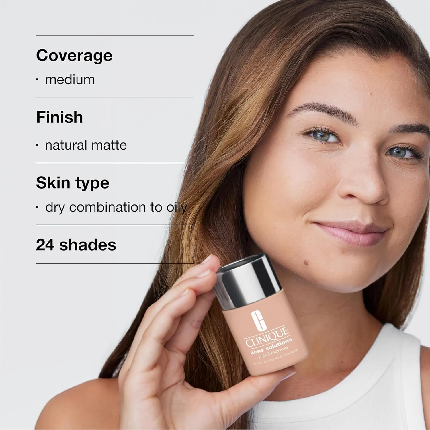 Clinique Acne Solutions Liquid Foundation Makeup With Salicylic Acid For Dry Combination to Oily Skin Types | Medium Coverage, Natural Matte Finish