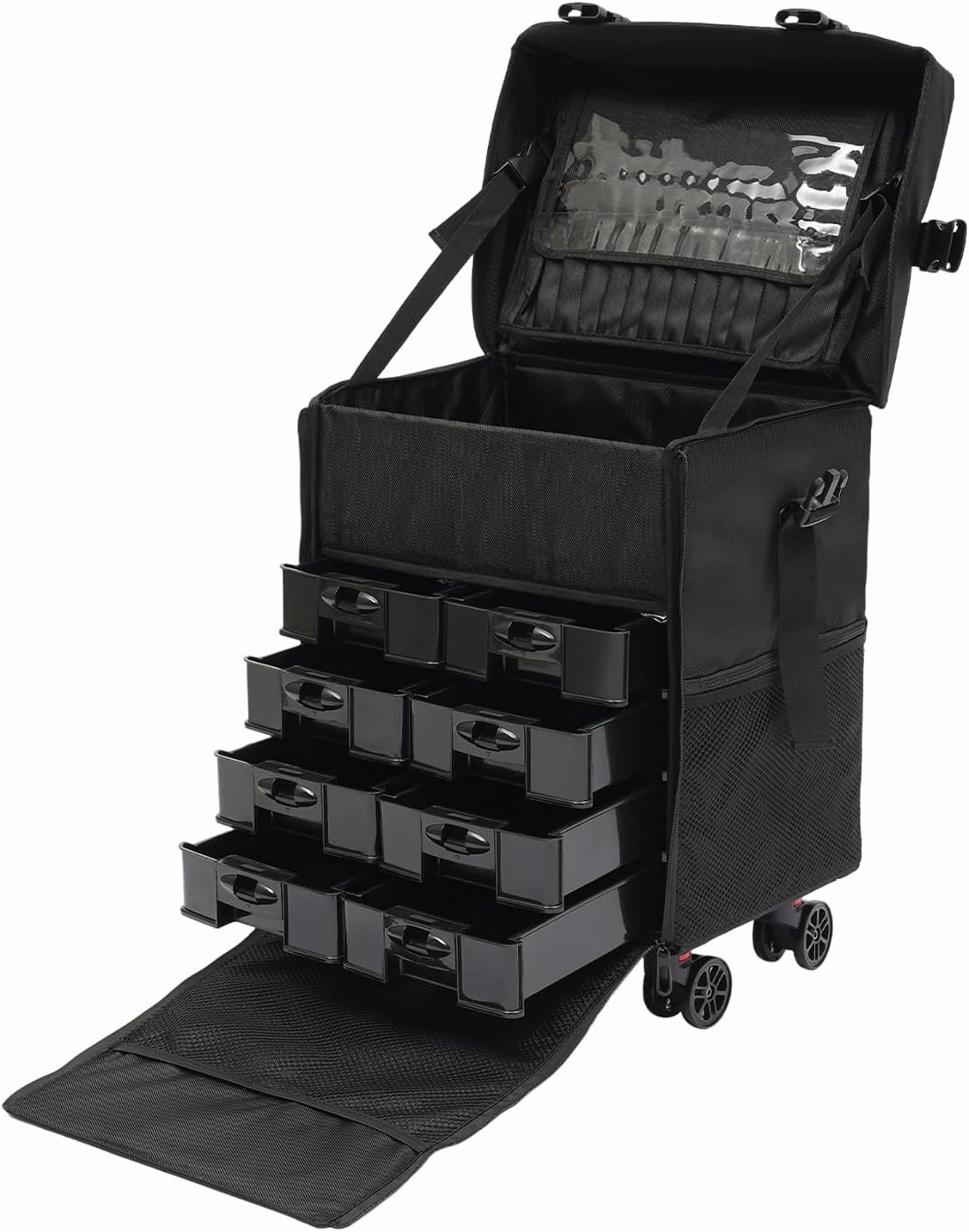 CNCEST Makeup Artist Soft Rolling Trolley Cosmetic Case with 2 Mesh Pockets Makeup Organizer,Travel Rolling Makeup Bag,8 Removable Drawers