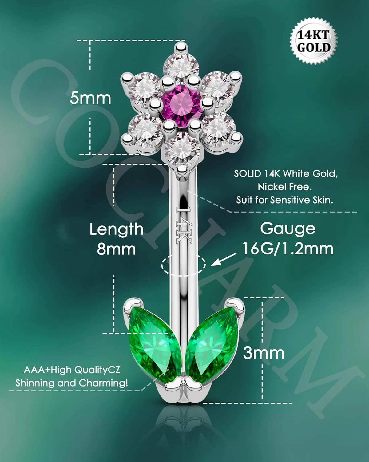 Cocharm 14k Gold Flower Rook Earrings for Women 16g Yellow Gold Eyebrow Piercing Gold 14K 6mm/8mm Vertical Labret Lip Jewelry 14K Solid Gold Flower Barbell