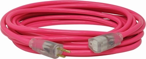 Coleman Cable 2577SW000A 25-Foot 12/3 Neon Outdoor Extension Cord, Made in the USA, Water Resistant Vinyl Jacket, Reinforced Blades, Clear Molded Plug With Power Indicated Light, Fluorescent Pink,