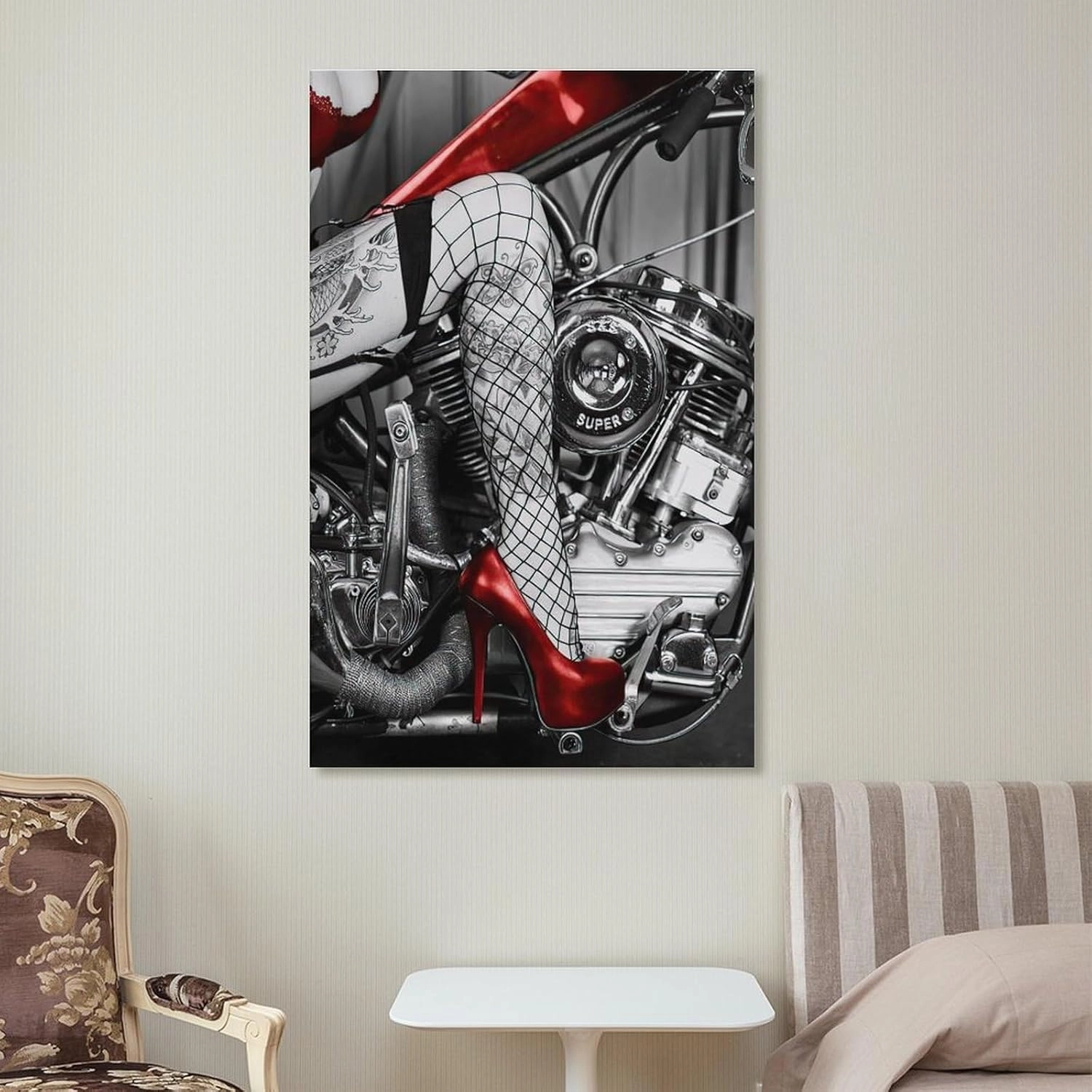 Cool Wall Art, Red High Heels Tattooed Girl And Motorcycle Canvas Posters And Prints Wall Art Painti Canvas Painting Posters And Prints Wall Art Pictures for Living Room Bedroom Decor 16x24inch(40x60