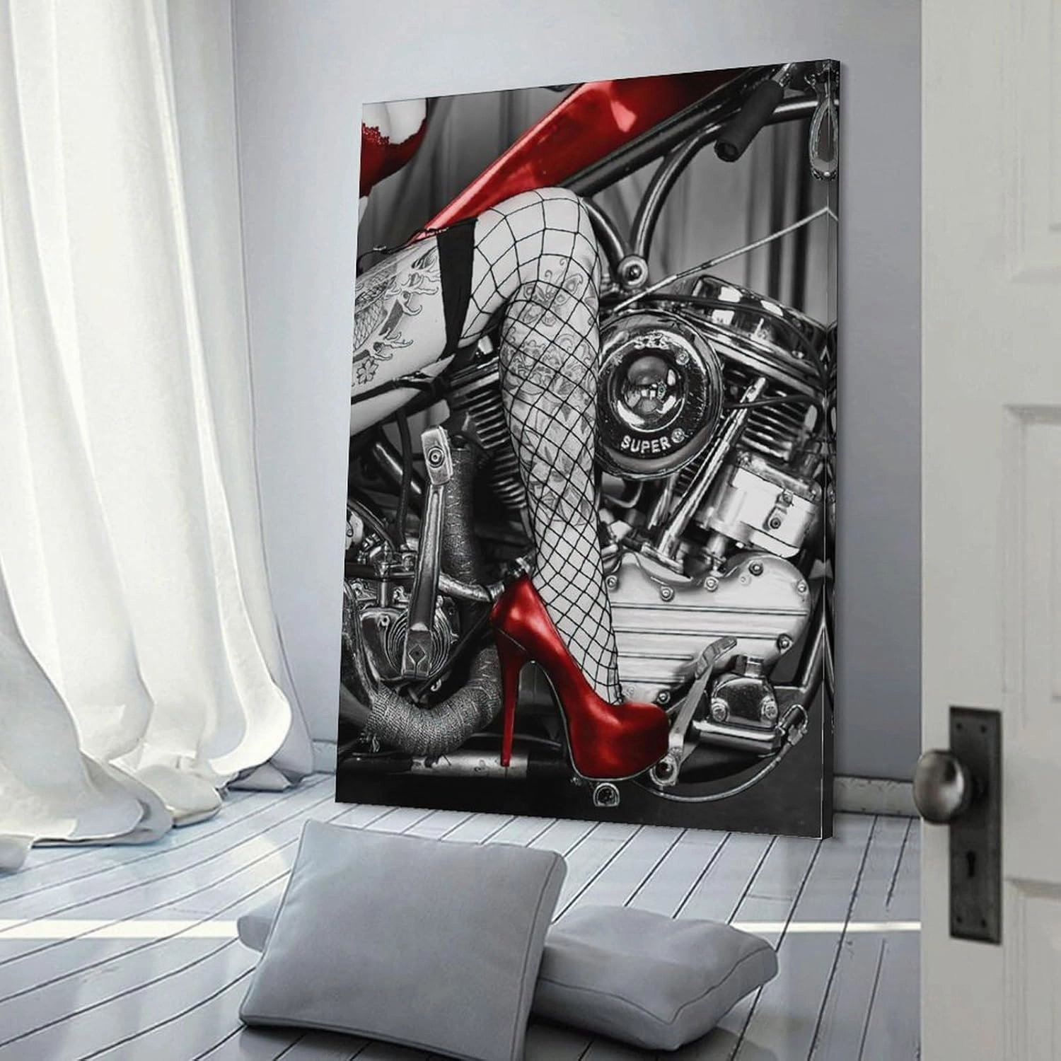 Cool Wall Art, Red High Heels Tattooed Girl And Motorcycle Canvas Posters And Prints Wall Art Painti Canvas Painting Posters And Prints Wall Art Pictures for Living Room Bedroom Decor 16x24inch(40x60