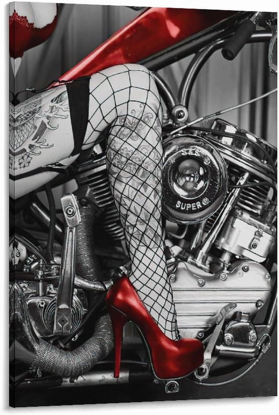 Cool Wall Art, Red High Heels Tattooed Girl And Motorcycle Canvas Posters And Prints Wall Art Painti Canvas Painting Posters And Prints Wall Art Pictures for Living Room Bedroom Decor 16x24inch(40x60