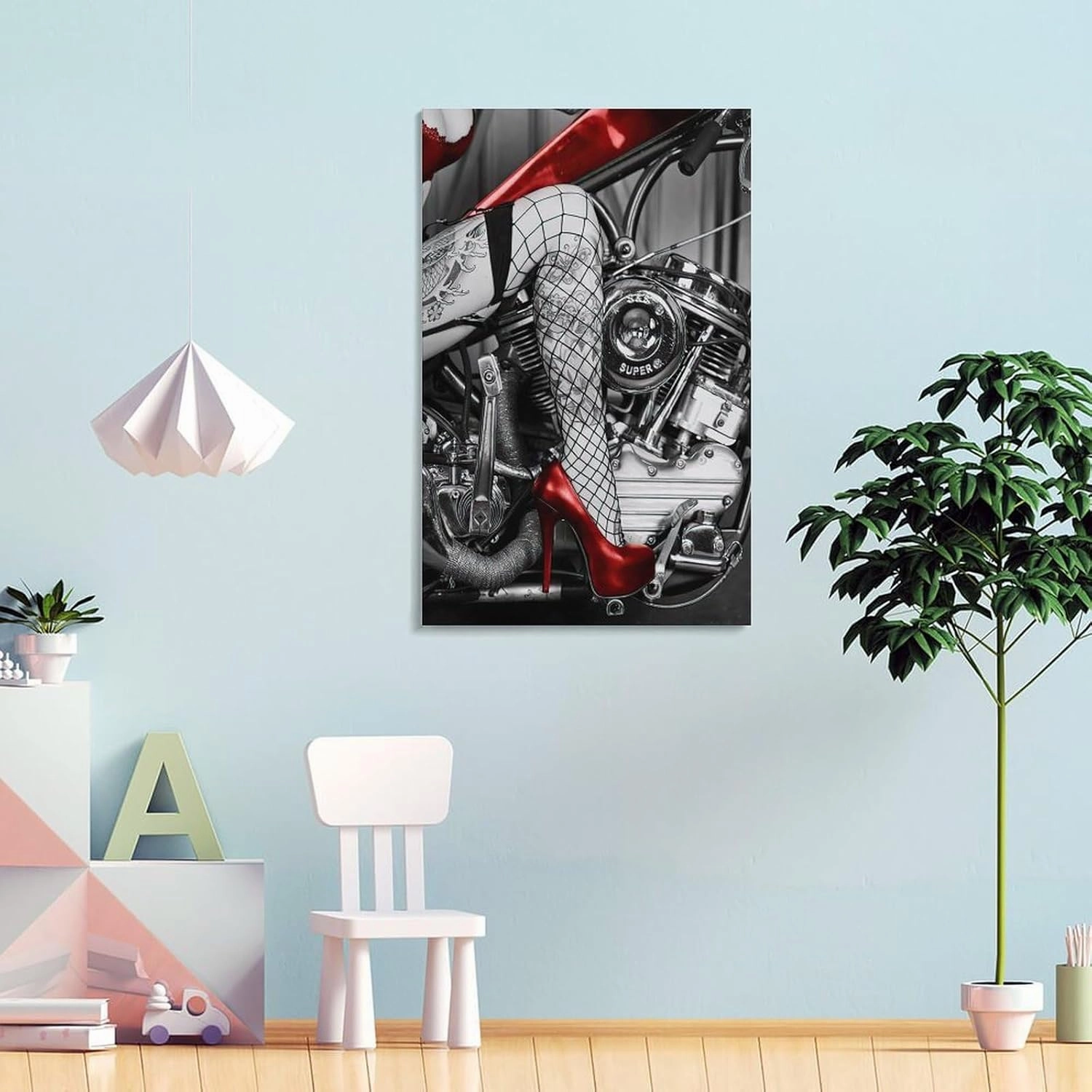 Cool Wall Art, Red High Heels Tattooed Girl And Motorcycle Canvas Posters And Prints Wall Art Painti Canvas Painting Posters And Prints Wall Art Pictures for Living Room Bedroom Decor 16x24inch(40x60