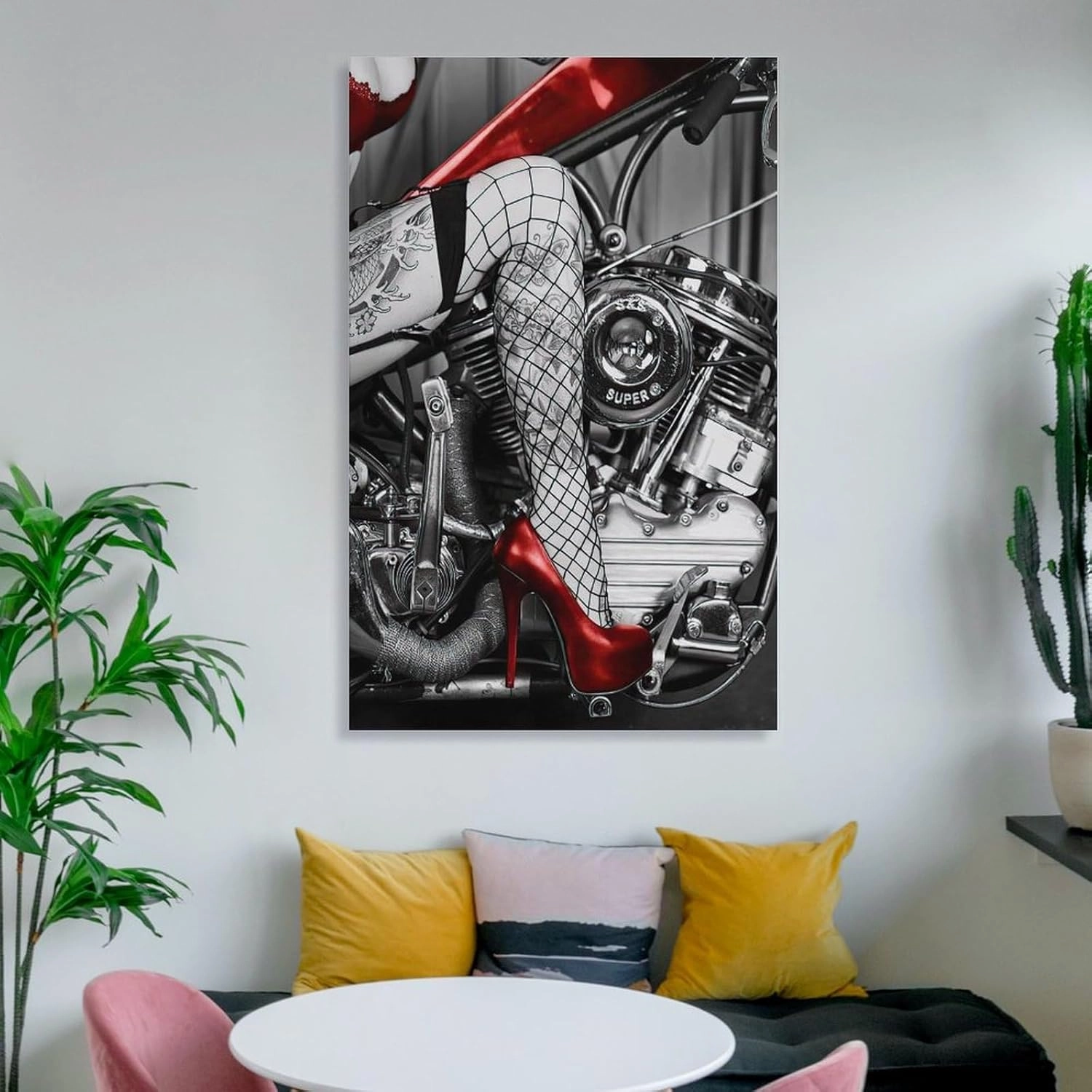 Cool Wall Art, Red High Heels Tattooed Girl And Motorcycle Canvas Posters And Prints Wall Art Painti Canvas Painting Posters And Prints Wall Art Pictures for Living Room Bedroom Decor 16x24inch(40x60