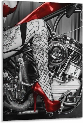 Cool Wall Art, Red High Heels Tattooed Girl And Motorcycle Canvas Posters And Prints Wall Art Painti Canvas Painting Posters And Prints Wall Art Pictures for Living Room Bedroom Decor 16x24inch(40x60