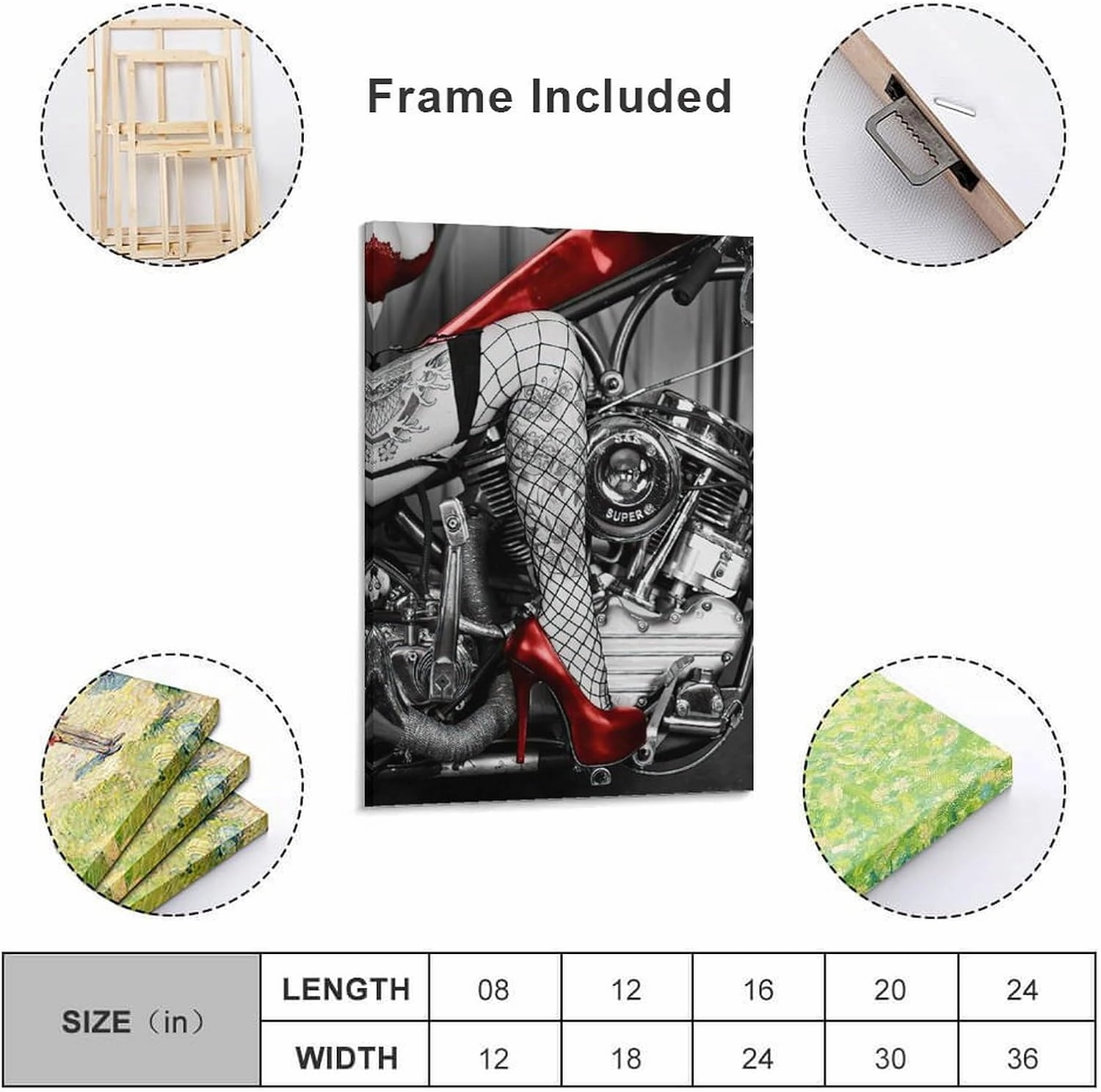 Cool Wall Art, Red High Heels Tattooed Girl And Motorcycle Canvas Posters And Prints Wall Art Painti Canvas Painting Posters And Prints Wall Art Pictures for Living Room Bedroom Decor 16x24inch(40x60