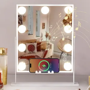 COOLJEEN Vanity Mirror with Lights and Bluetooth, Wireless Charging Lighted Vanity Mirror with Phone Stand, 9-Bulb 3 Color Lighting Tabletop Lighted Makeup Mirror, 360°Rotation