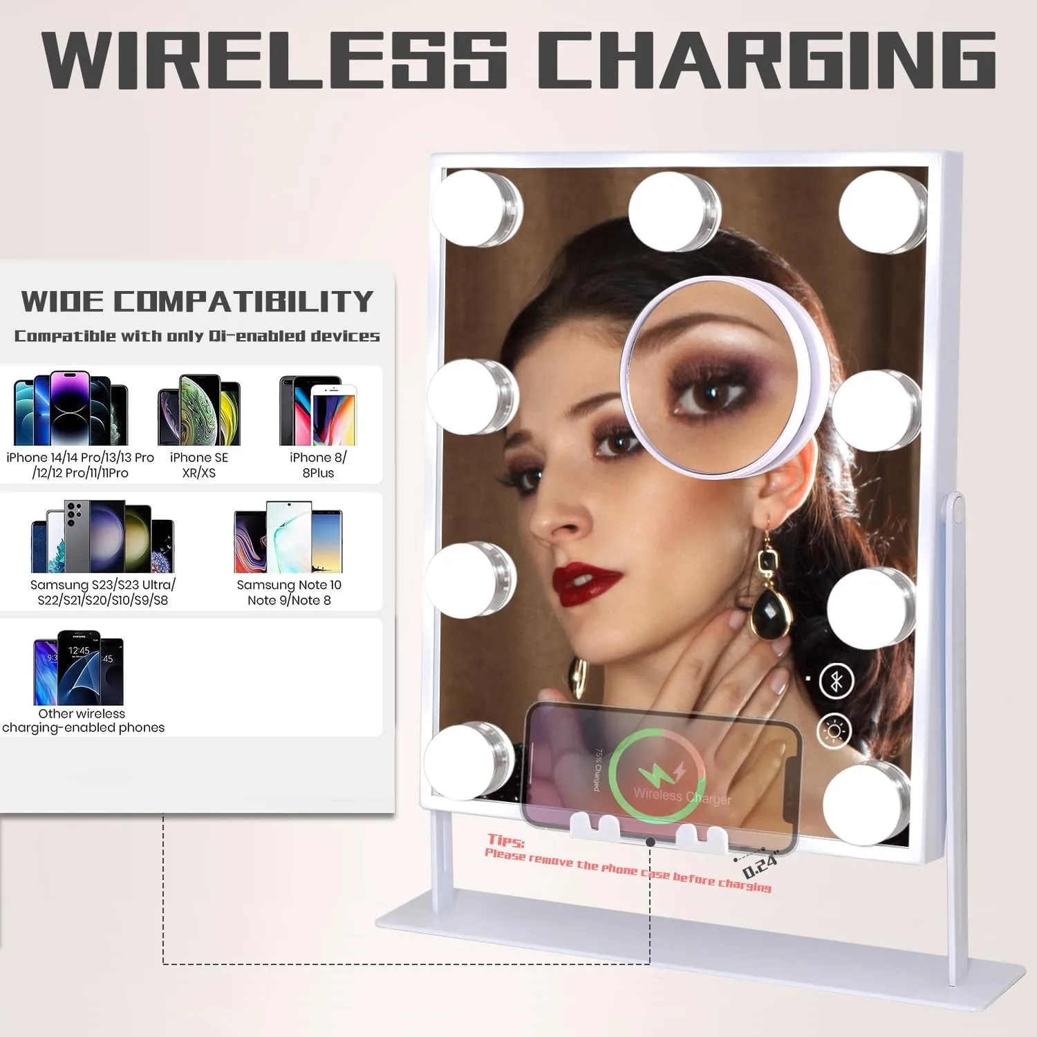 COOLJEEN Vanity Mirror with Lights and Bluetooth, Wireless Charging Lighted Vanity Mirror with Phone Stand, 9-Bulb 3 Color Lighting Tabletop Lighted Makeup Mirror, 360°Rotation