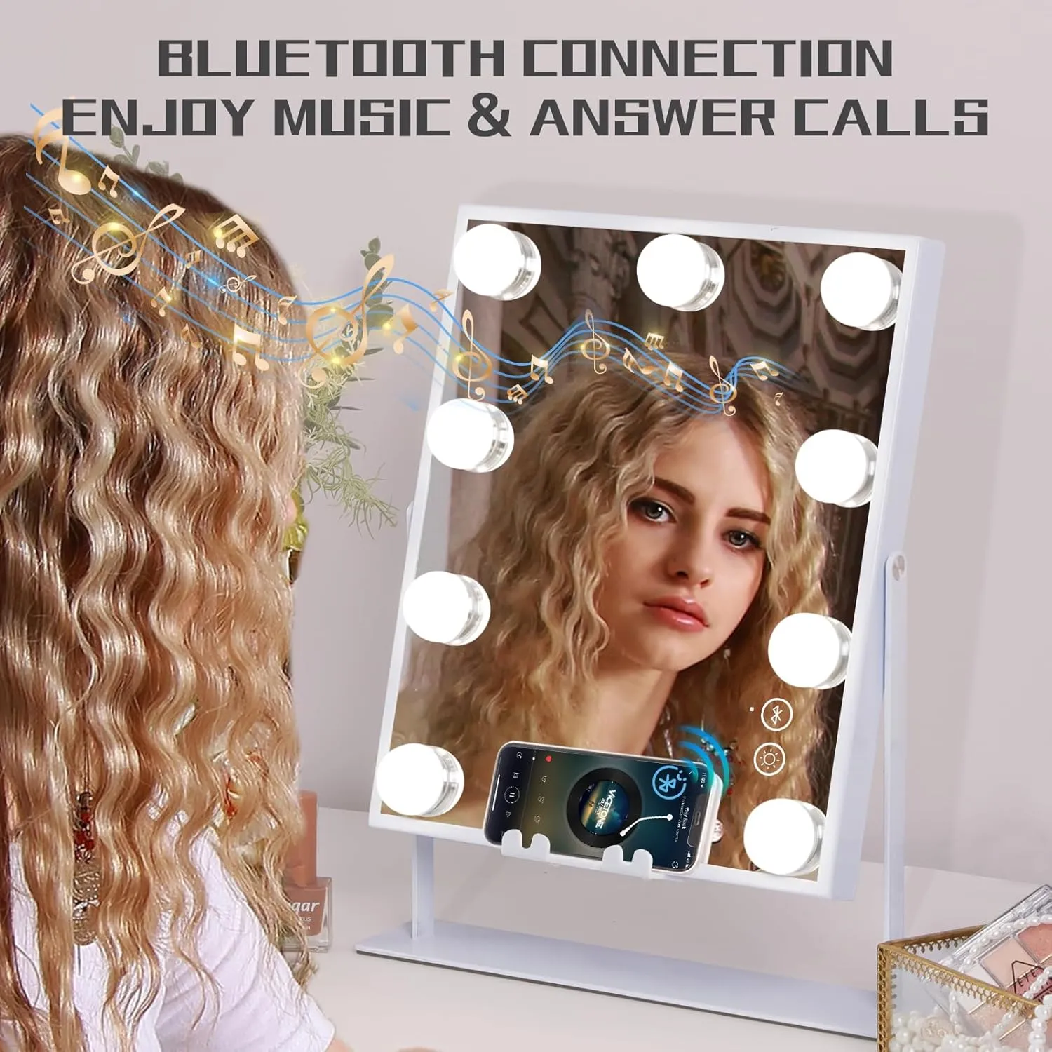 COOLJEEN Vanity Mirror with Lights and Bluetooth, Wireless Charging Lighted Vanity Mirror with Phone Stand, 9-Bulb 3 Color Lighting Tabletop Lighted Makeup Mirror, 360°Rotation