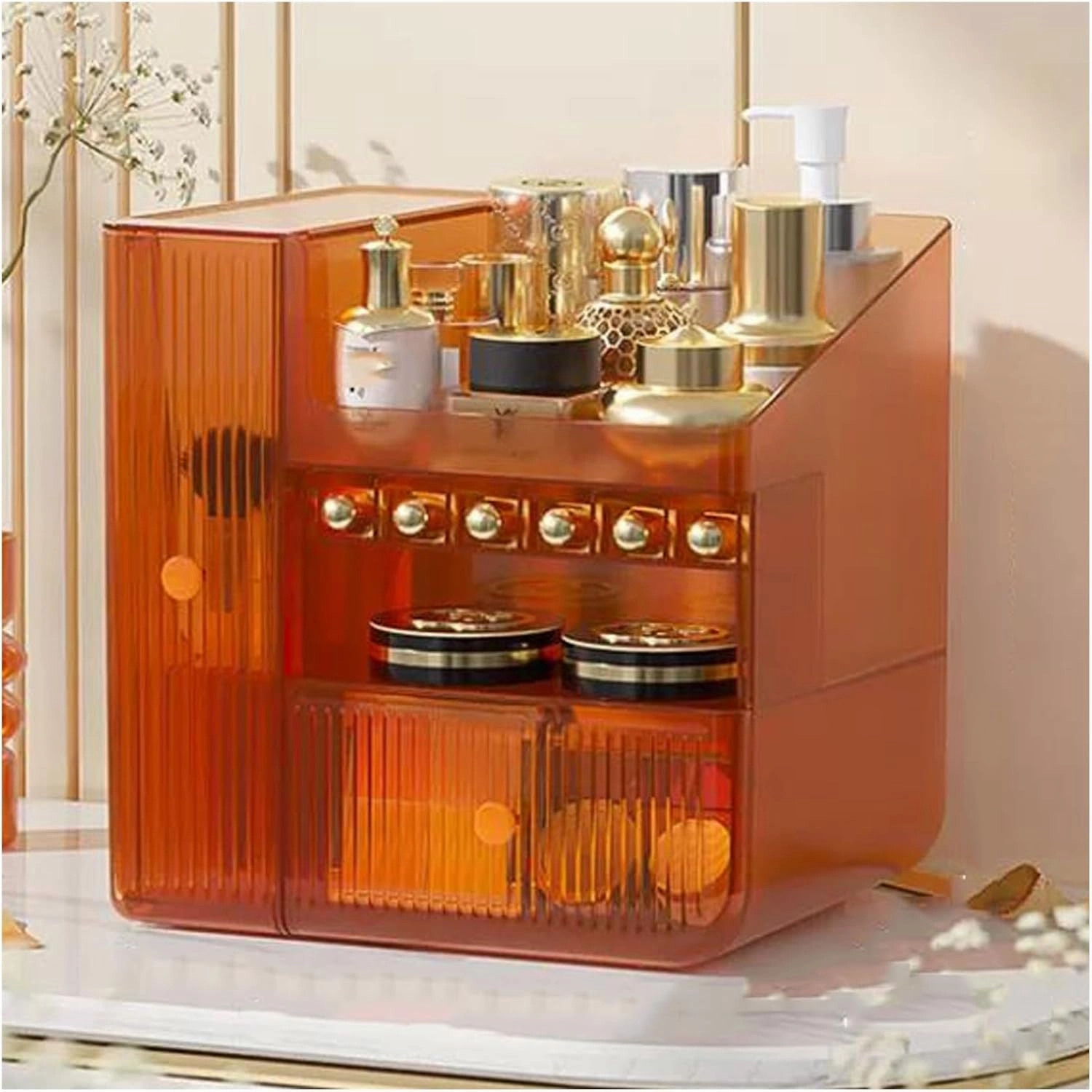 Cosmetic Boxes Makeup Organizer Cosmetic Storage Box with Drawers,Fits Lipsticks,Makeup Brushes,Jewellery,Make Up Storage Case for Dresser, Bedroom, Bathroom Cosmetic Display Cases(White) (Orange )