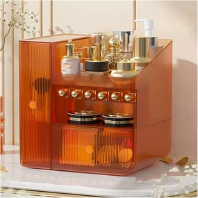 Cosmetic Boxes Makeup Organizer Cosmetic Storage Box with Drawers,Fits Lipsticks,Makeup Brushes,Jewellery,Make Up Storage Case for Dresser, Bedroom, Bathroom Cosmetic Display Cases(White) (Orange )