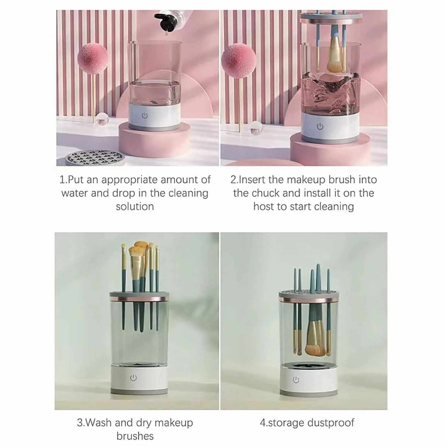 Cosmetic Brush Cleaner, Cozy Luna Makeup Brush Cleaner, Electric Makeup Brush Cleaner with Brush Clean Mat, Automatic Spinning Makeup Brush Cleaner for All Size Makeup Brush (Charging,2PCS-A)