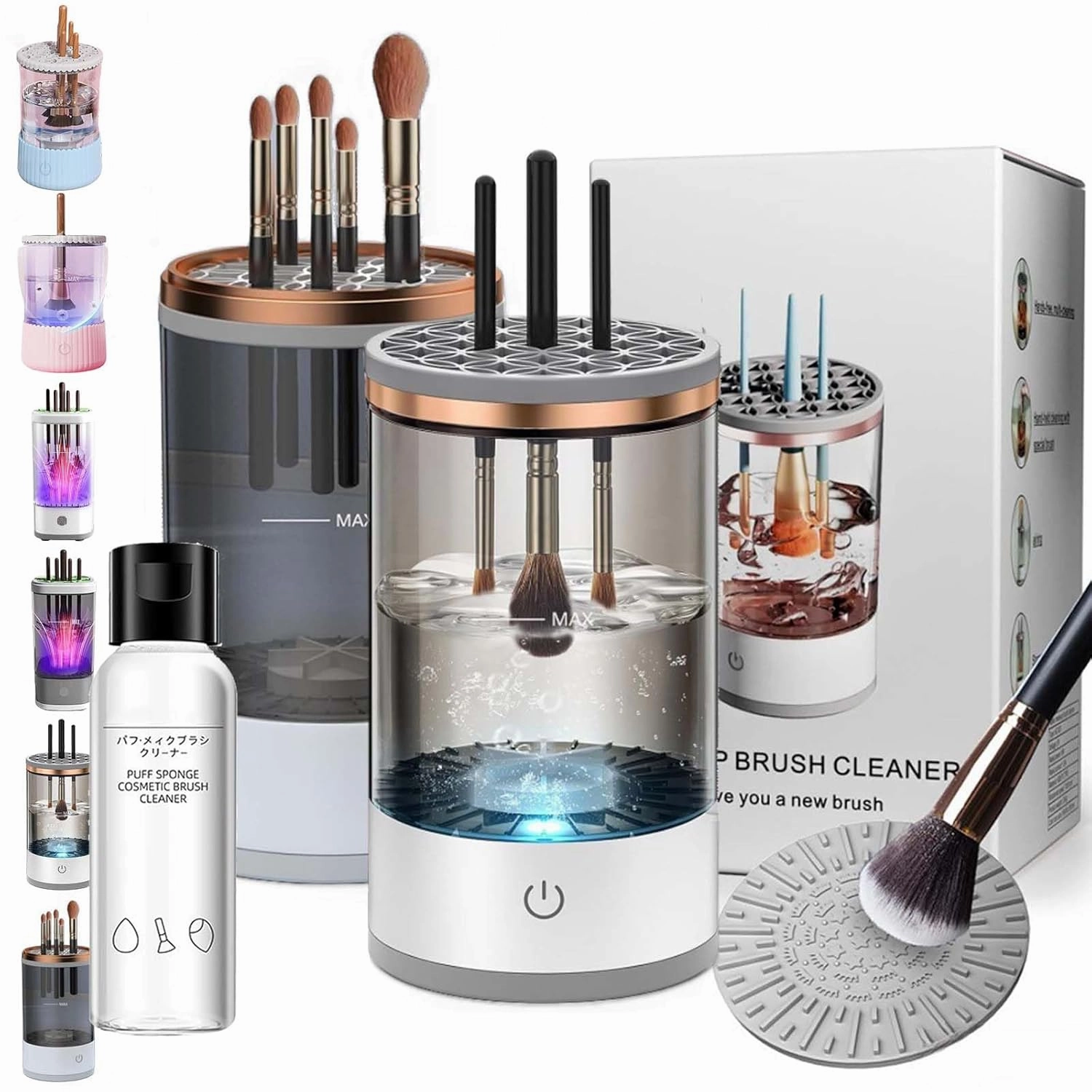 Cosmetic Brush Cleaner, Cozy Luna Makeup Brush Cleaner, Electric Makeup Brush Cleaner with Brush Clean Mat, Automatic Spinning Makeup Brush Cleaner for All Size Makeup Brush (Charging,2PCS-A)