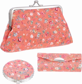 Cosmetic Case, 3-Piece Set: Cotton Makeup Bag, Lipstick Case, Makeup Mirror - Orange, Floral Design, Women's Travel Toiletry Bag