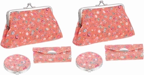 Cosmetic Case, 3-Piece Set: Cotton Makeup Bag, Lipstick Case, Makeup Mirror - Orange, Floral Design, Women's Travel Toiletry Bag
