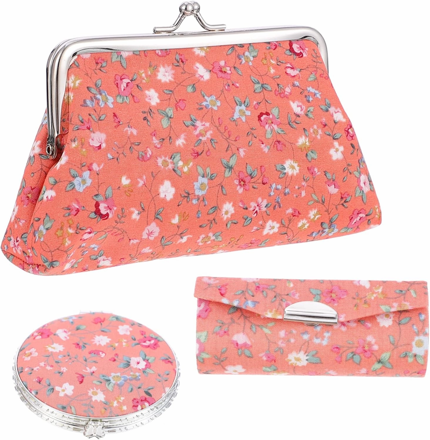 Cosmetic Case, 3-Piece Set: Cotton Makeup Bag, Lipstick Case, Makeup Mirror - Orange, Floral Design, Women's Travel Toiletry Bag