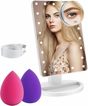 COSMIRROR Lighted Makeup Vanity Mirror with 10X Magnifying and Makeup Sponge, 21 LED Light Up, Touch Sensor Dimming, 180°Free Rotation, Dual Power Supply, Portable Cosmetic Mirror