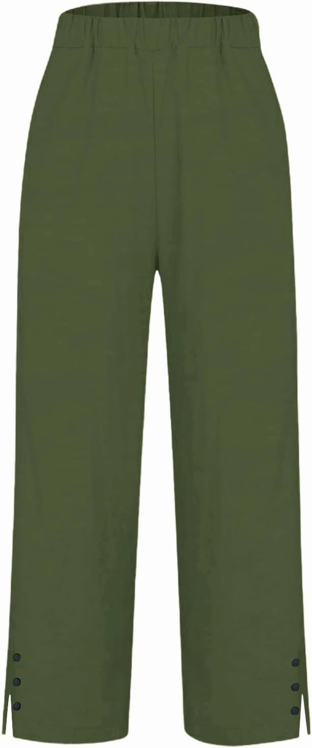 Cotton Linen Pants Women Elastic High Waist Straight Leg Lounge Pants Casual Slacks Summer Trouser with Pockets