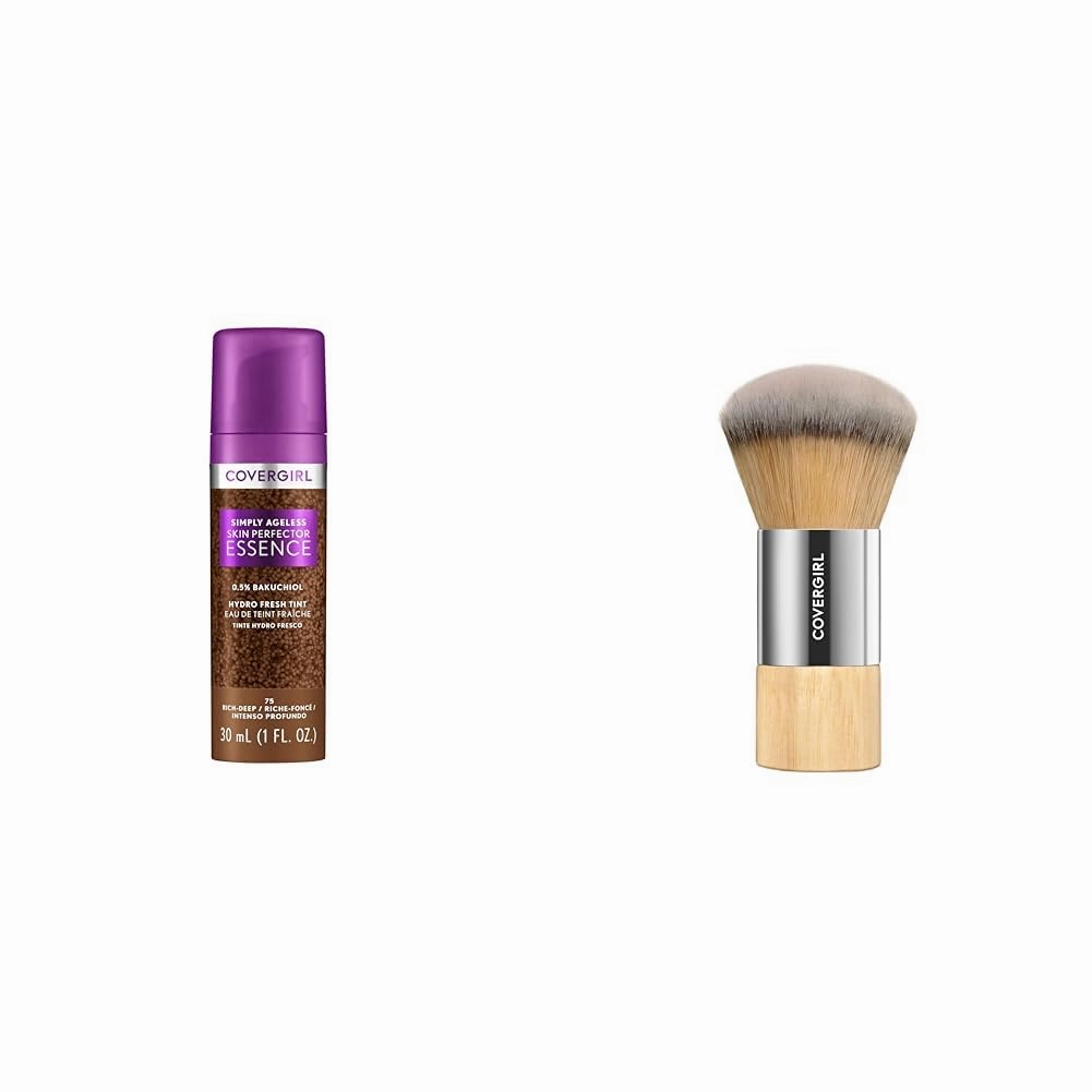 CoverGirl Simply Ageless 75 Rich-Deep Liquid Foundation Bundle with Blending Brush, Lightweight Vegan Formula for Dry Skin, 1oz