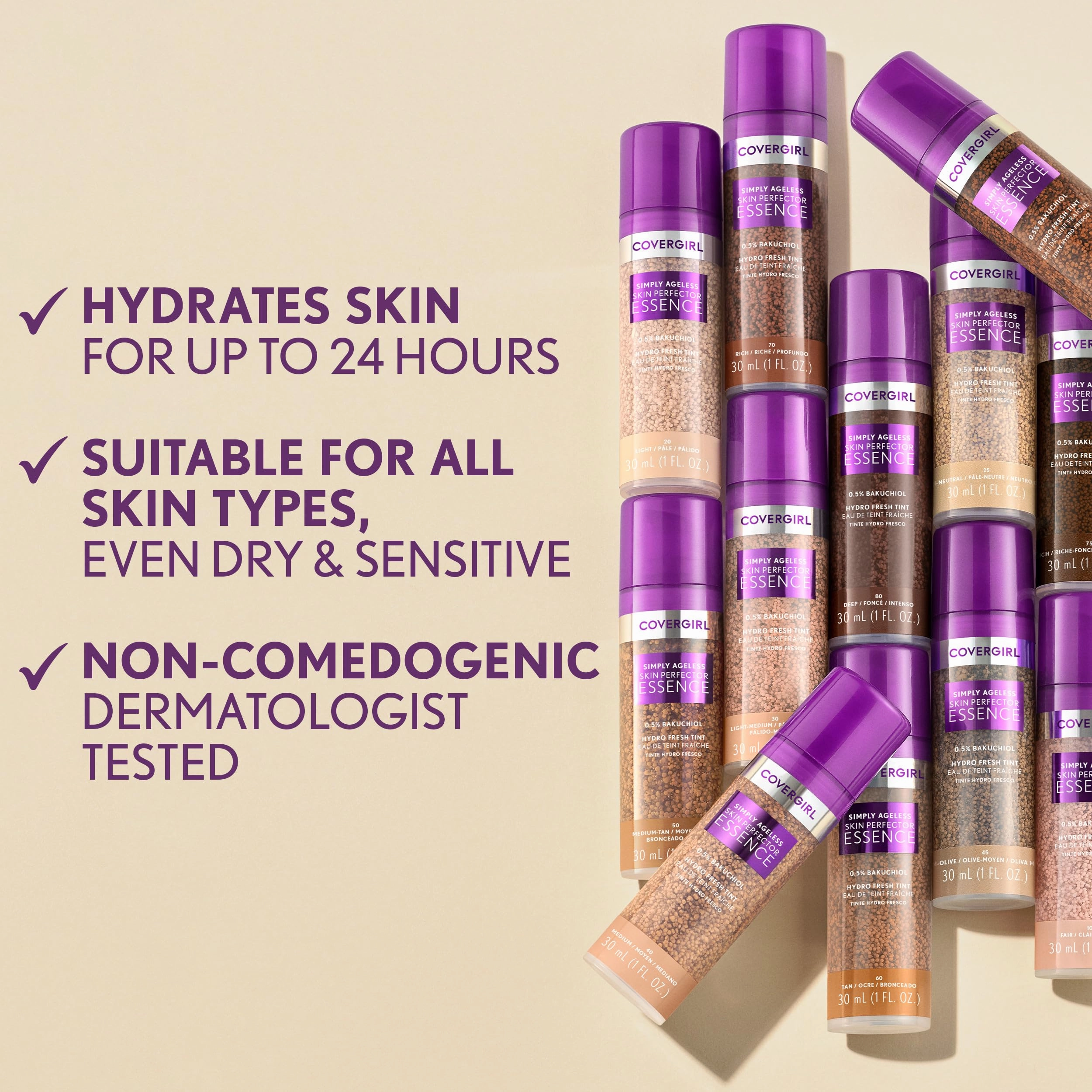 Covergirl Simply Ageless Skin Perfector Essence Foundation, 45 Medium-Olive, Tinted Skincare Makeup Hybrid, Sheer Tint, Radiant Finish, Glowy Finish, Vegan Formula, 1.0oz