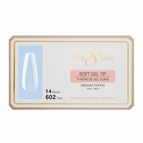 Cre8tion Soft Gel Nail Tips, Medium Coffin Shape, 602 Tips in 14 Sizes (00-9) for Professional Nail Extensions