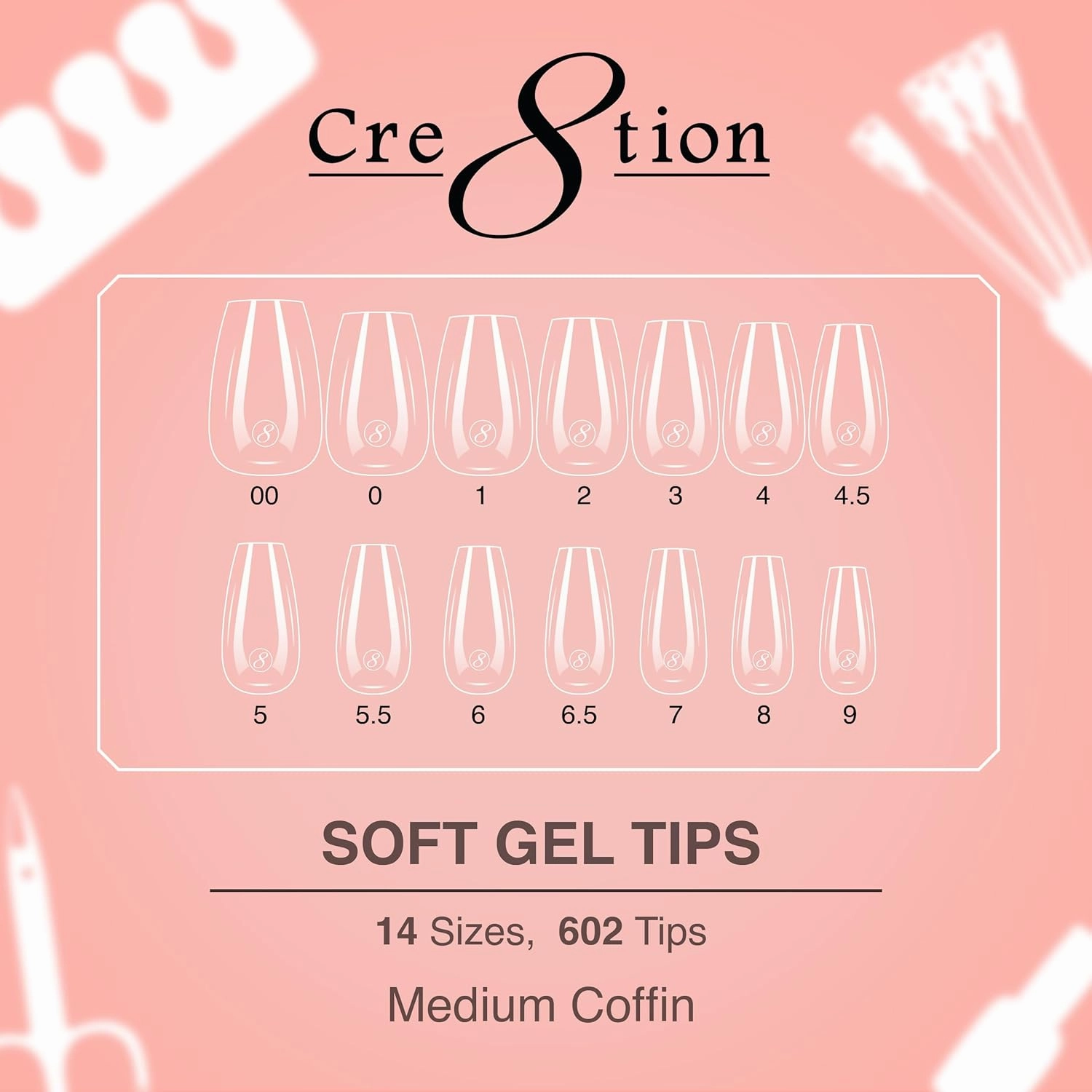 Cre8tion Soft Gel Nail Tips, Medium Coffin Shape, 602 Tips in 14 Sizes (00-9) for Professional Nail Extensions
