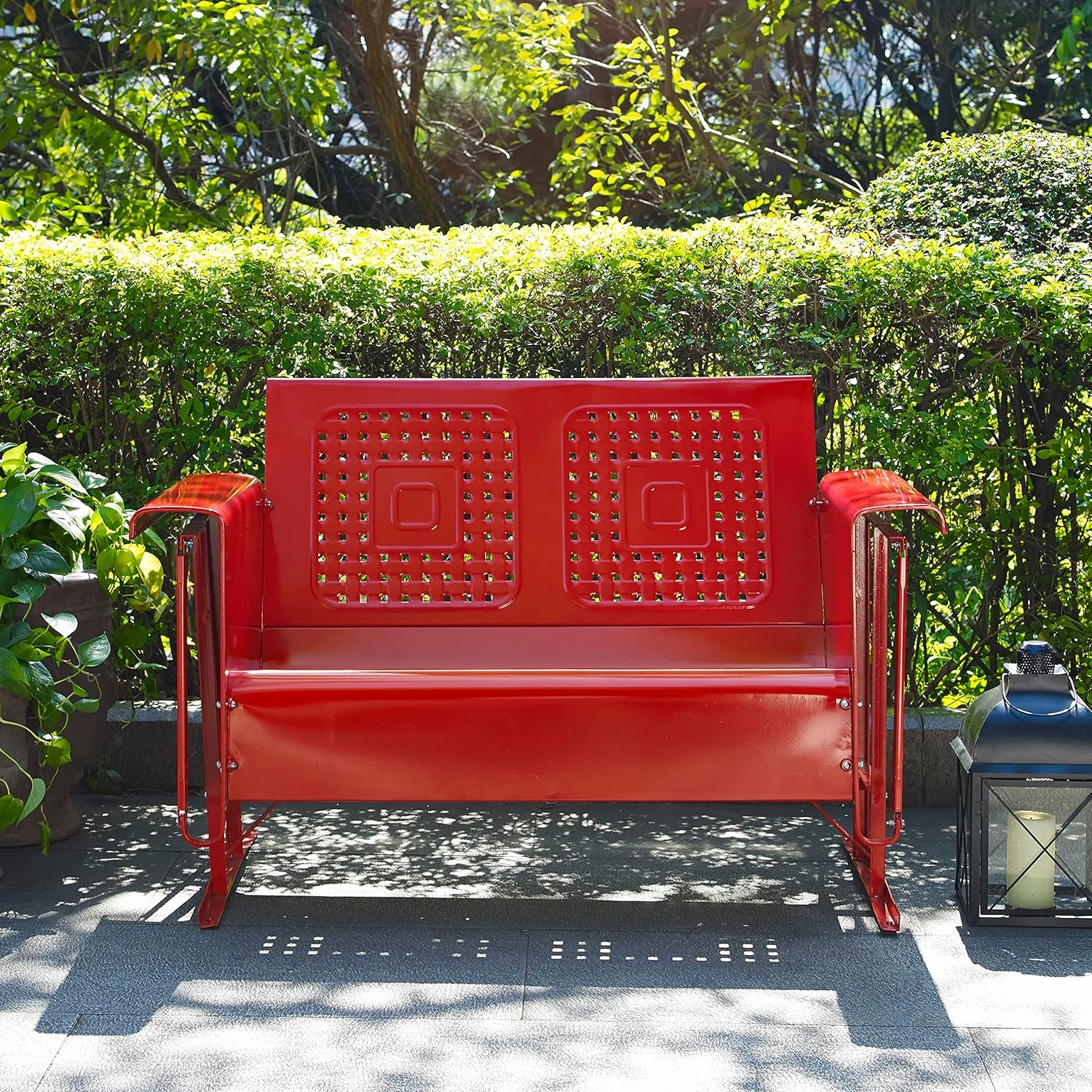 Crosley Furniture Bates Retro Metal Outdoor Loveseat Glider, 2-Person Rocking Patio Bench for Porch, Deck, Bright Red Gloss