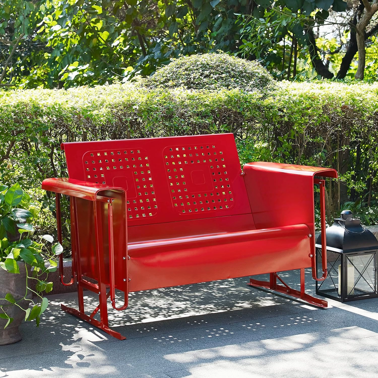 Crosley Furniture Bates Retro Metal Outdoor Loveseat Glider, 2-Person Rocking Patio Bench for Porch, Deck, Bright Red Gloss