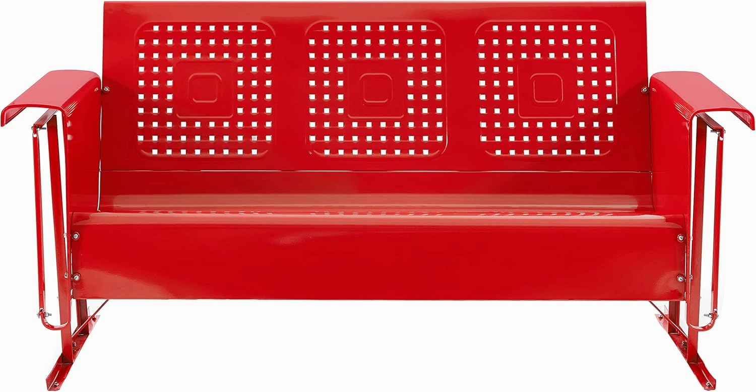 Crosley Furniture Bates Retro Metal Outdoor Sofa Glider, 3-Person Rocking Patio Bench for Porch, Deck, Bright Red Gloss