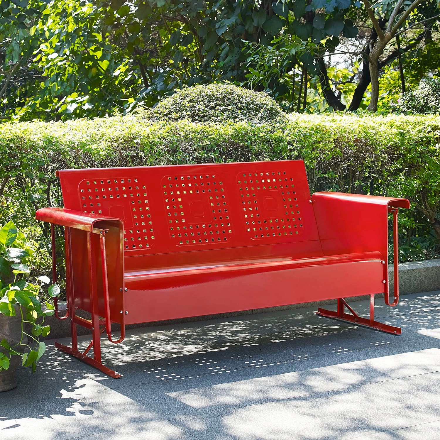 Crosley Furniture Bates Retro Metal Outdoor Sofa Glider, 3-Person Rocking Patio Bench for Porch, Deck, Bright Red Gloss